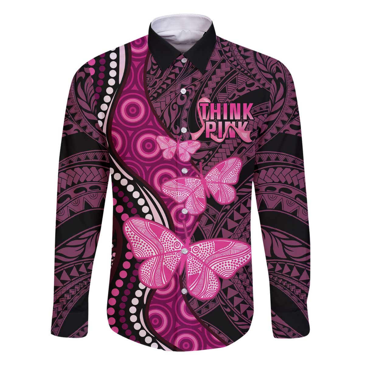 Think Pink Breast Cancer Awareness Family Matching Off The Shoulder Long Sleeve Dress and Hawaiian Shirt Butterfly Aboriginal Mix Polynesian Pattern LT14 Dad's Shirt - Long Sleeve Pink - Polynesian Pride