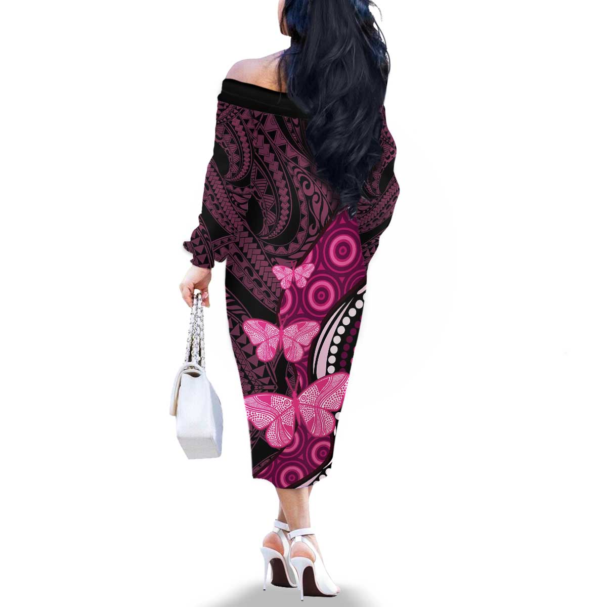 Think Pink Breast Cancer Awareness Family Matching Off The Shoulder Long Sleeve Dress and Hawaiian Shirt Butterfly Aboriginal Mix Polynesian Pattern LT14 - Polynesian Pride