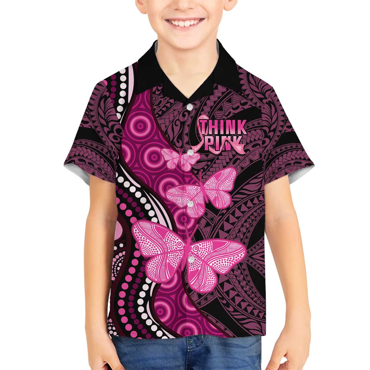 Think Pink Breast Cancer Awareness Family Matching Off The Shoulder Long Sleeve Dress and Hawaiian Shirt Butterfly Aboriginal Mix Polynesian Pattern LT14 Son's Shirt Pink - Polynesian Pride