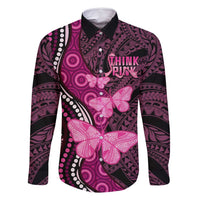 Think Pink Breast Cancer Awareness Family Matching Off Shoulder Maxi Dress and Hawaiian Shirt Butterfly Aboriginal Mix Polynesian Pattern