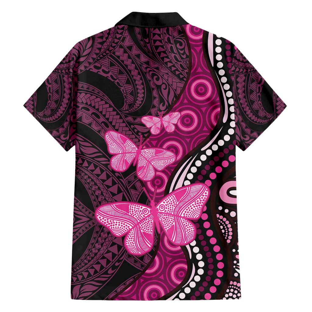 Think Pink Breast Cancer Awareness Family Matching Puletasi and Hawaiian Shirt Butterfly Aboriginal Mix Polynesian Pattern