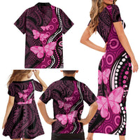 Think Pink Breast Cancer Awareness Family Matching Short Sleeve Bodycon Dress and Hawaiian Shirt Butterfly Aboriginal Mix Polynesian Pattern LT14 - Polynesian Pride