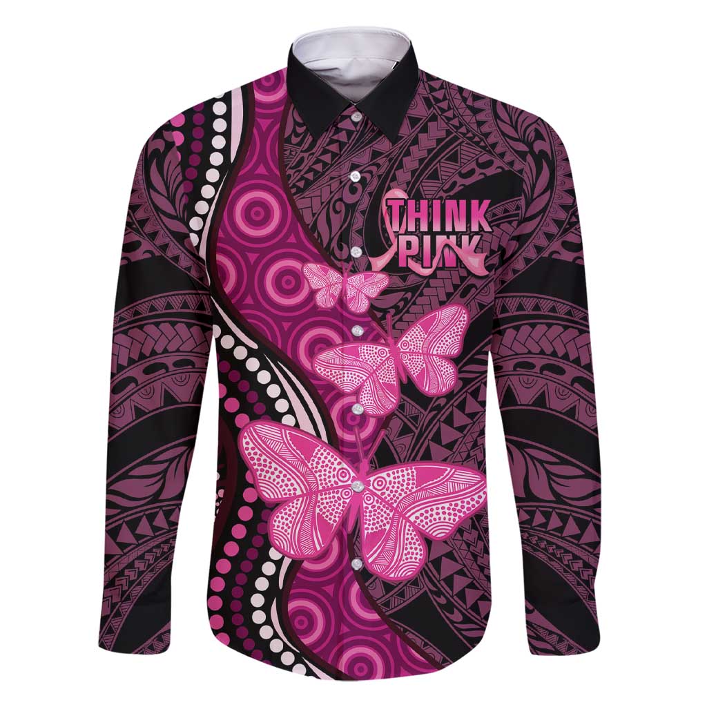 Think Pink Breast Cancer Awareness Family Matching Short Sleeve Bodycon Dress and Hawaiian Shirt Butterfly Aboriginal Mix Polynesian Pattern LT14 Dad's Shirt - Long Sleeve Pink - Polynesian Pride