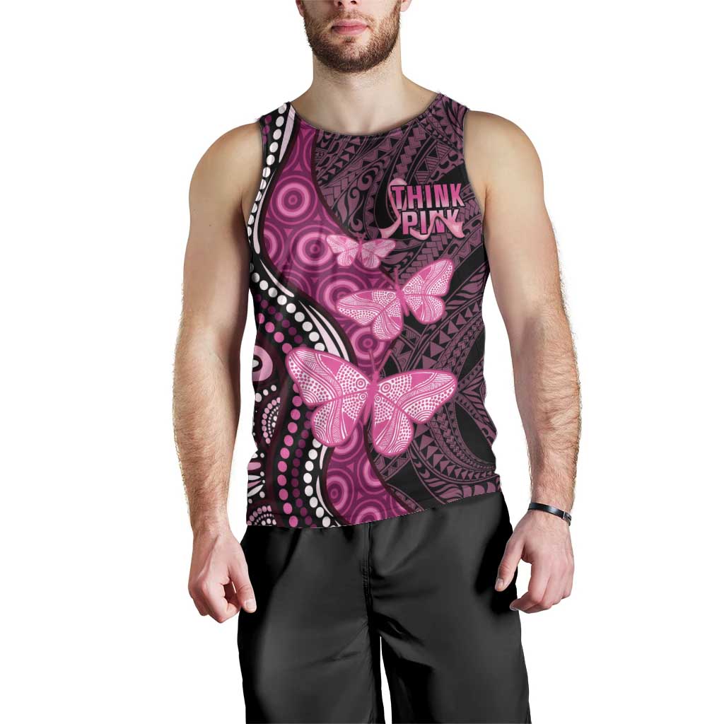 Think Pink Breast Cancer Awareness Men Tank Top Butterfly Aboriginal Mix Polynesian Pattern