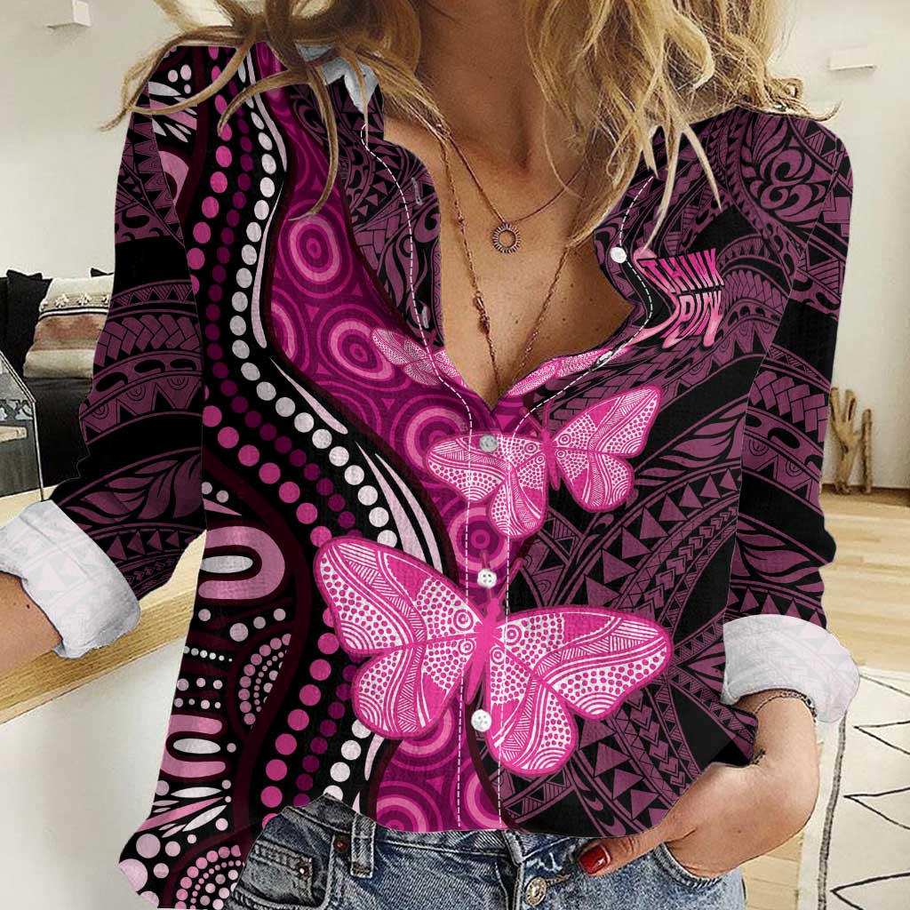 Think Pink Breast Cancer Awareness Women Casual Shirt Butterfly Aboriginal Mix Polynesian Pattern LT14 Female Pink - Polynesian Pride