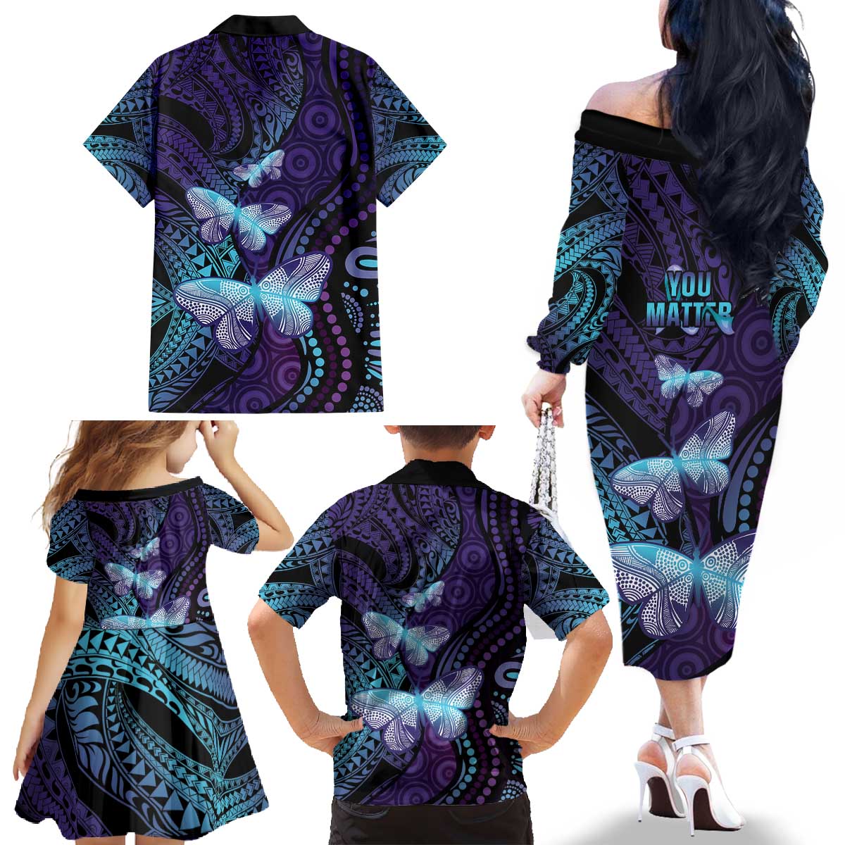You Matter Suicide Prevention Awareness Family Matching Off The Shoulder Long Sleeve Dress and Hawaiian Shirt Butterfly Aboriginal Mix Polynesian Pattern LT14 - Polynesian Pride
