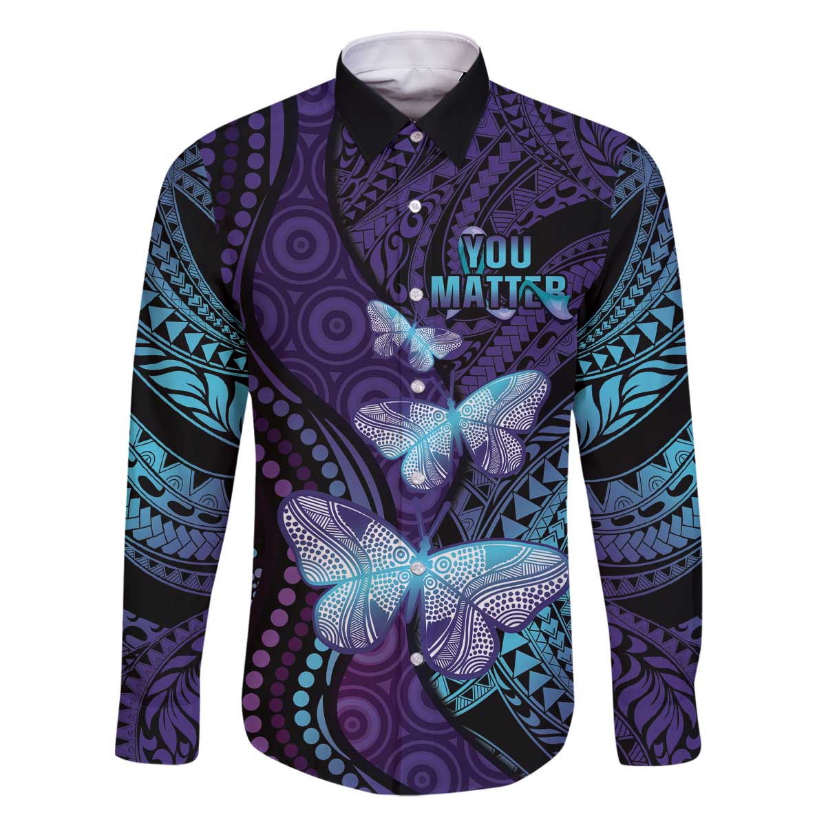 You Matter Suicide Prevention Awareness Family Matching Off The Shoulder Long Sleeve Dress and Hawaiian Shirt Butterfly Aboriginal Mix Polynesian Pattern LT14 Dad's Shirt - Long Sleeve Purple - Polynesian Pride