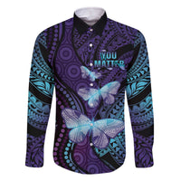 You Matter Suicide Prevention Awareness Family Matching Off The Shoulder Long Sleeve Dress and Hawaiian Shirt Butterfly Aboriginal Mix Polynesian Pattern LT14 Dad's Shirt - Long Sleeve Purple - Polynesian Pride