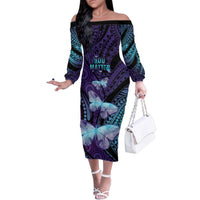 You Matter Suicide Prevention Awareness Family Matching Off The Shoulder Long Sleeve Dress and Hawaiian Shirt Butterfly Aboriginal Mix Polynesian Pattern LT14 Mom's Dress Purple - Polynesian Pride