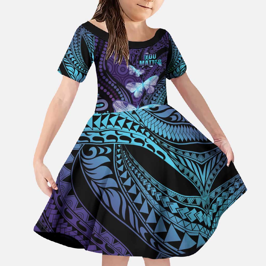 You Matter Suicide Prevention Awareness Family Matching Short Sleeve Bodycon Dress and Hawaiian Shirt Butterfly Aboriginal Mix Polynesian Pattern LT14 Daughter's Dress Purple - Polynesian Pride