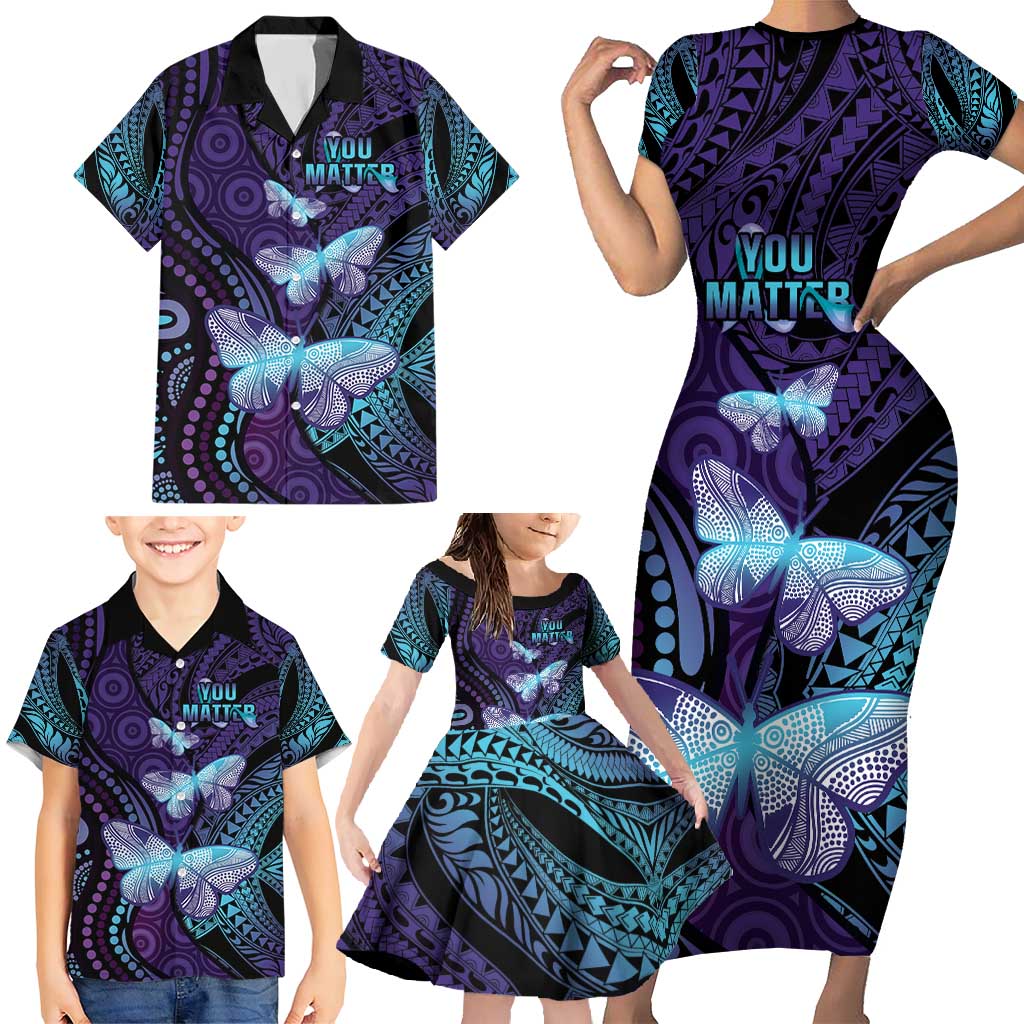 You Matter Suicide Prevention Awareness Family Matching Short Sleeve Bodycon Dress and Hawaiian Shirt Butterfly Aboriginal Mix Polynesian Pattern LT14 - Polynesian Pride