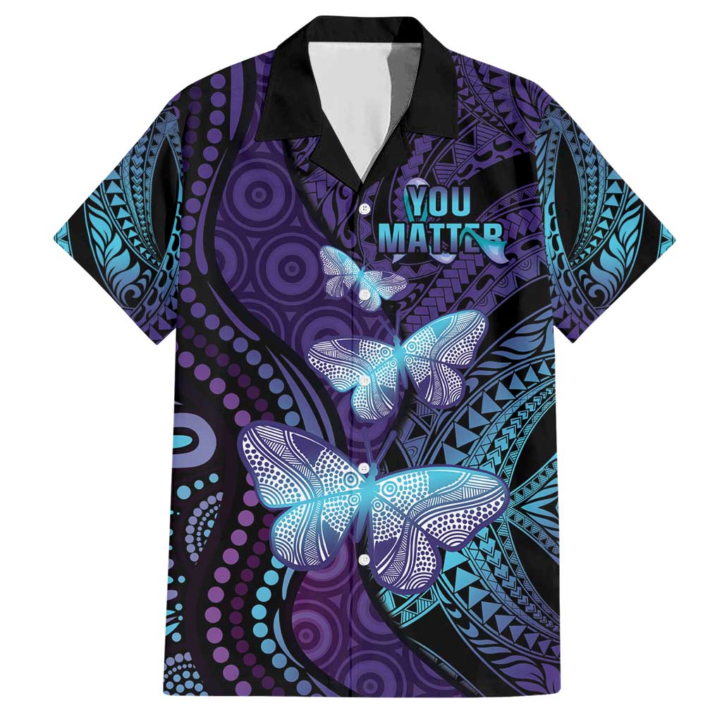 You Matter Suicide Prevention Awareness Family Matching Short Sleeve Bodycon Dress and Hawaiian Shirt Butterfly Aboriginal Mix Polynesian Pattern LT14 Dad's Shirt - Short Sleeve Purple - Polynesian Pride