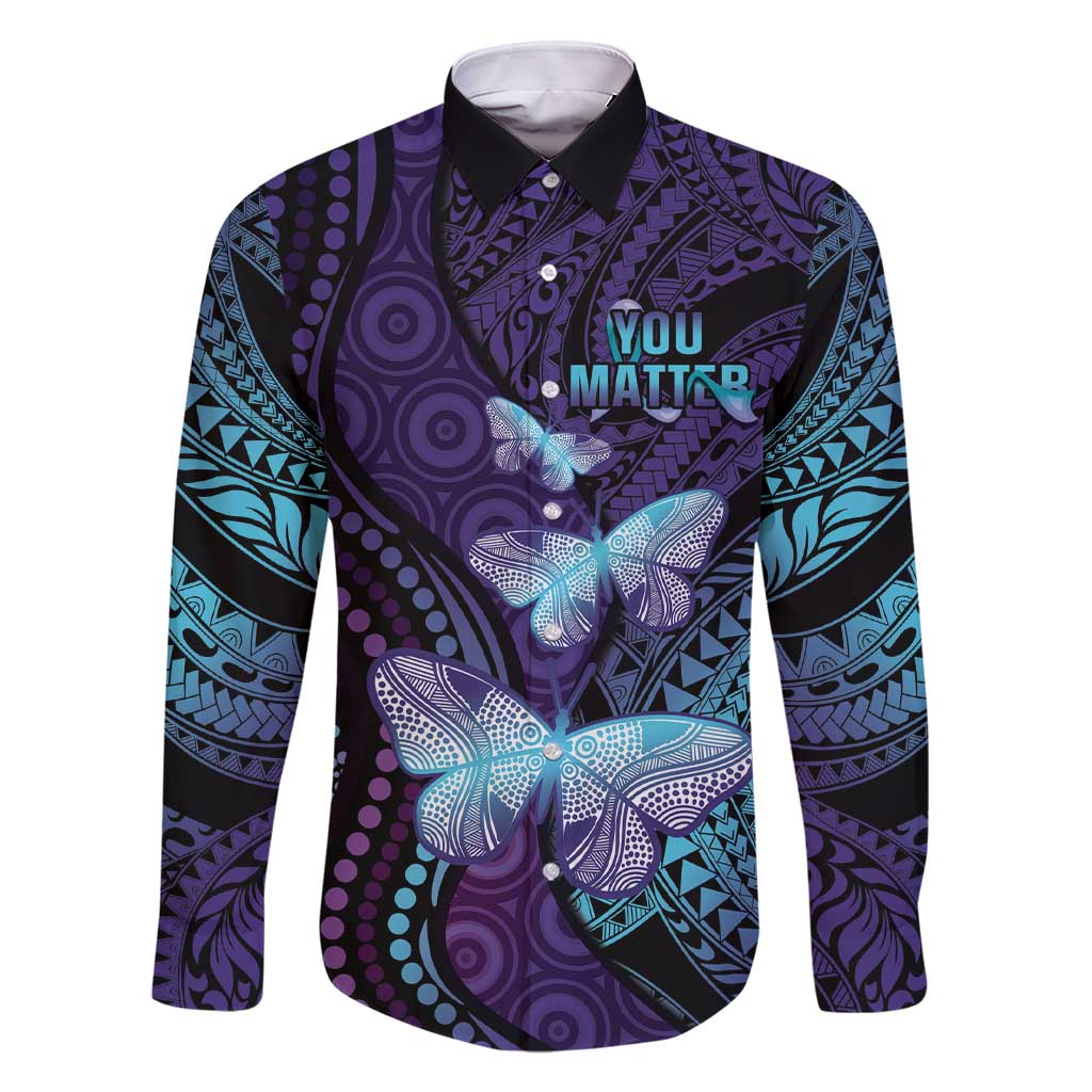 You Matter Suicide Prevention Awareness Family Matching Short Sleeve Bodycon Dress and Hawaiian Shirt Butterfly Aboriginal Mix Polynesian Pattern LT14 Dad's Shirt - Long Sleeve Purple - Polynesian Pride
