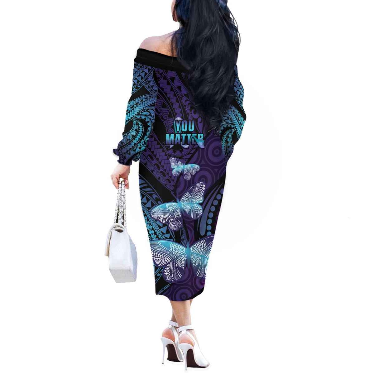 You Matter Suicide Prevention Awareness Off The Shoulder Long Sleeve Dress Butterfly Aboriginal Mix Polynesian Pattern LT14 - Polynesian Pride
