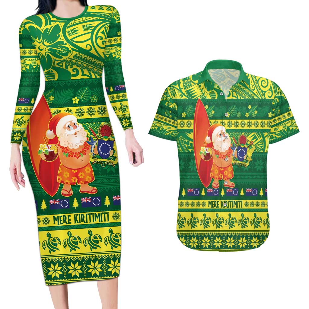 Cook Islands Christmas Couples Matching Long Sleeve Bodycon Dress and Hawaiian Shirt Surfing Santa Mere Kiritimiti LT14 Green - Polynesian Pride