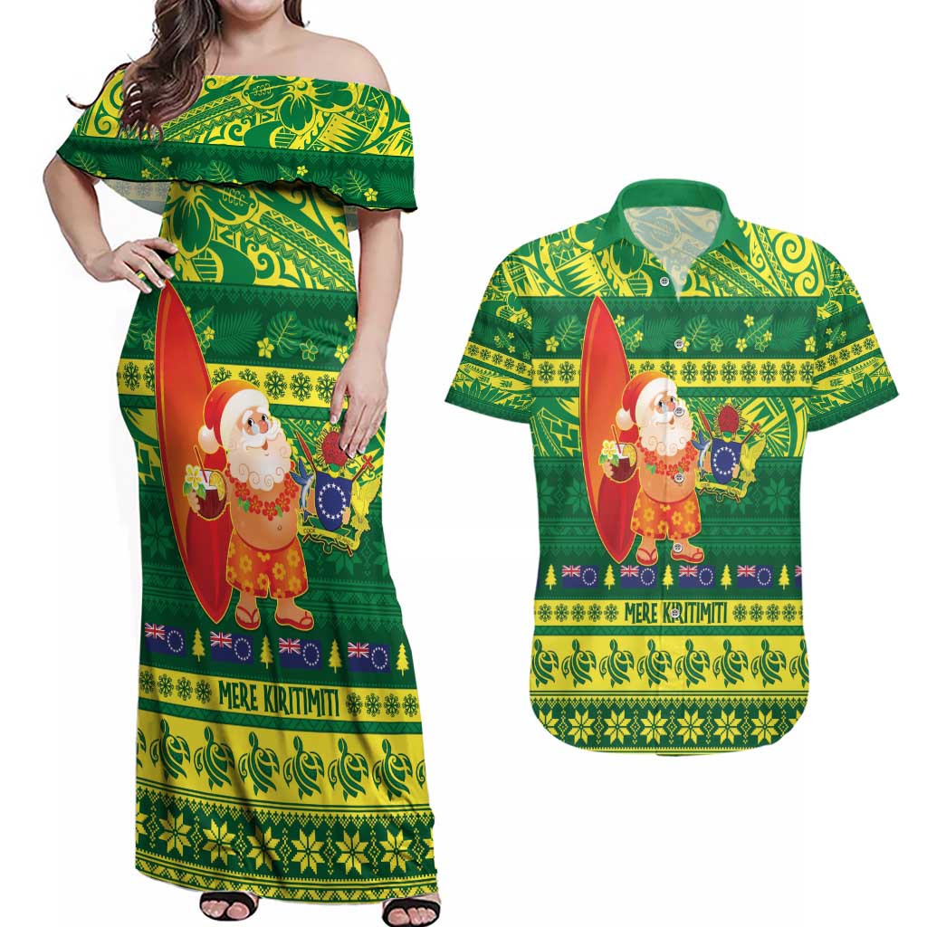 Cook Islands Christmas Couples Matching Off Shoulder Maxi Dress and Hawaiian Shirt Surfing Santa Mere Kiritimiti - Polynesian Pride