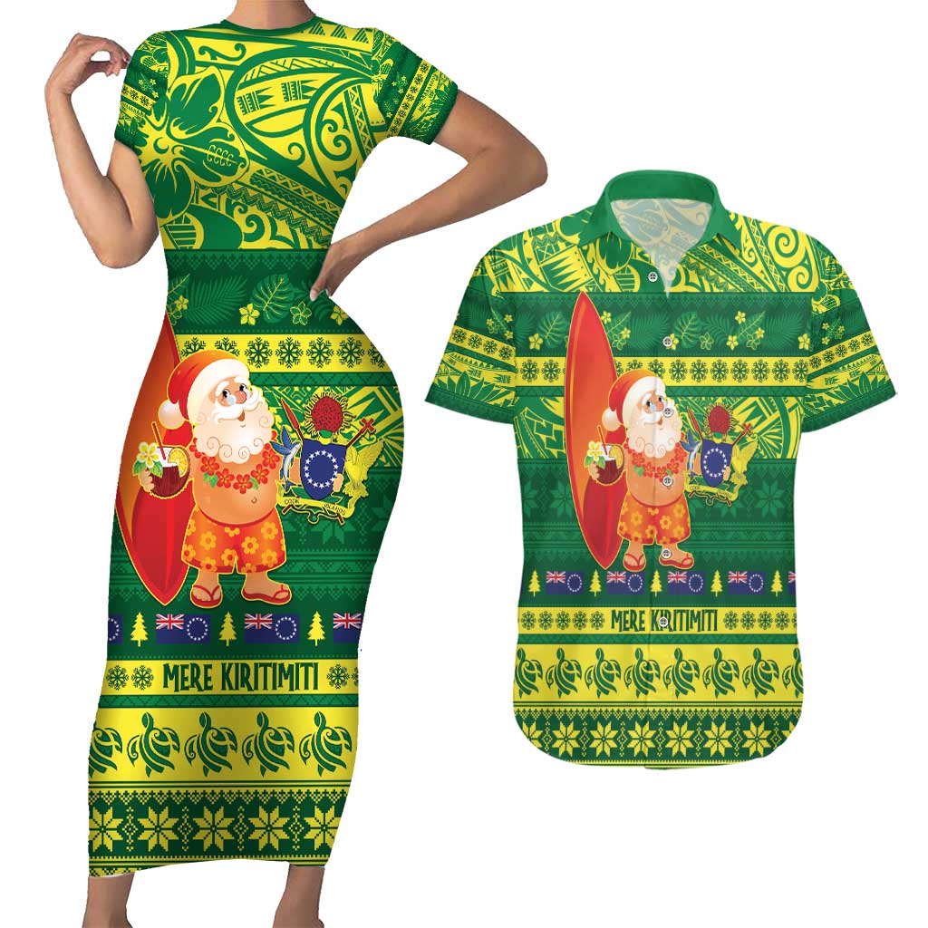 Cook Islands Christmas Couples Matching Short Sleeve Bodycon Dress and Hawaiian Shirt Surfing Santa Mere Kiritimiti LT14 Green - Polynesian Pride