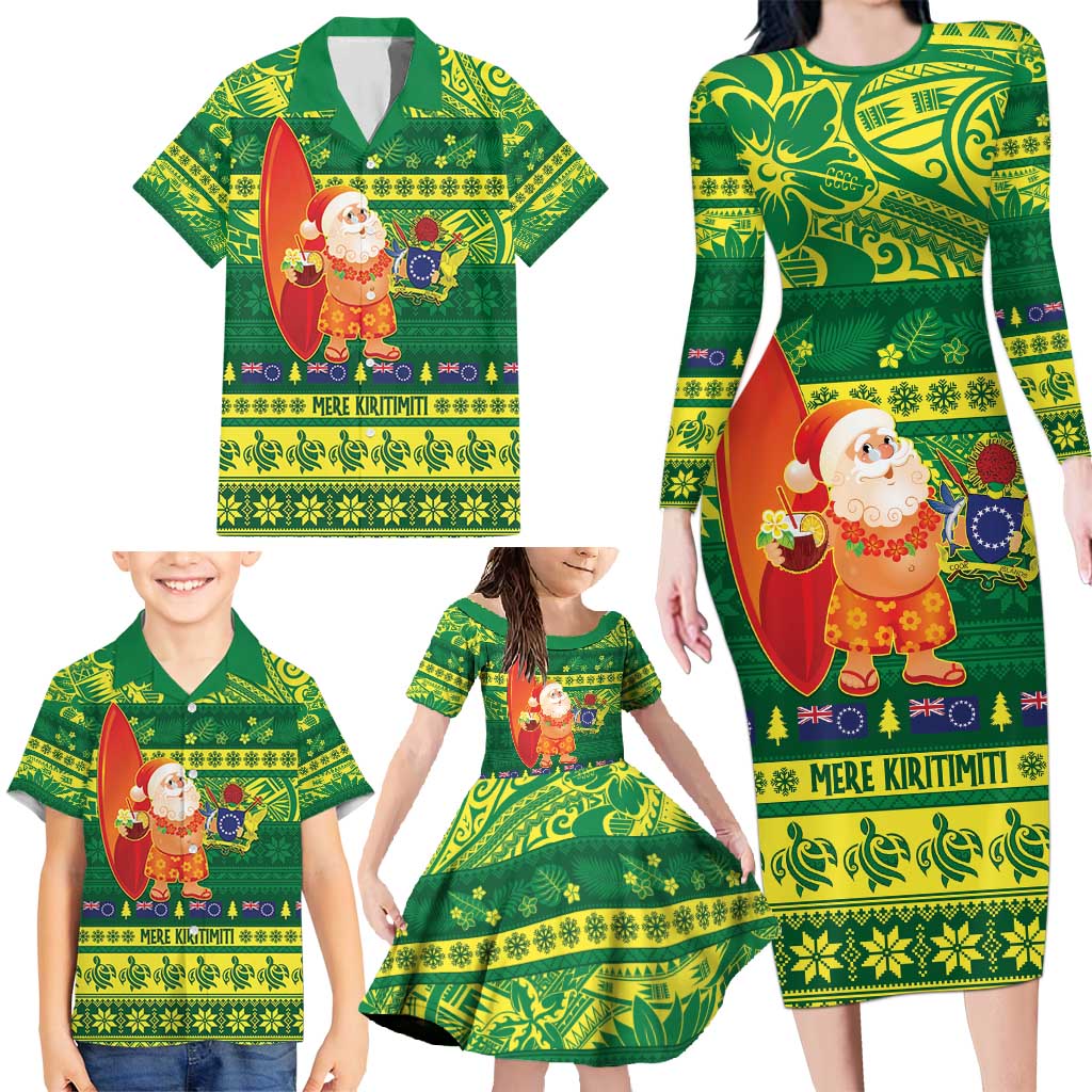 Cook Islands Christmas Family Matching Long Sleeve Bodycon Dress and Hawaiian Shirt Surfing Santa Mere Kiritimiti LT14 - Polynesian Pride