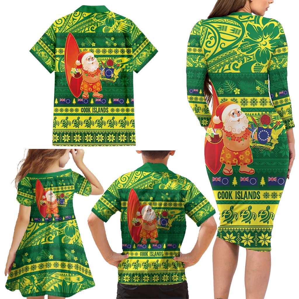Cook Islands Christmas Family Matching Long Sleeve Bodycon Dress and Hawaiian Shirt Surfing Santa Mere Kiritimiti LT14 - Polynesian Pride