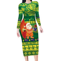 Cook Islands Christmas Family Matching Long Sleeve Bodycon Dress and Hawaiian Shirt Surfing Santa Mere Kiritimiti LT14 Mom's Dress Green - Polynesian Pride