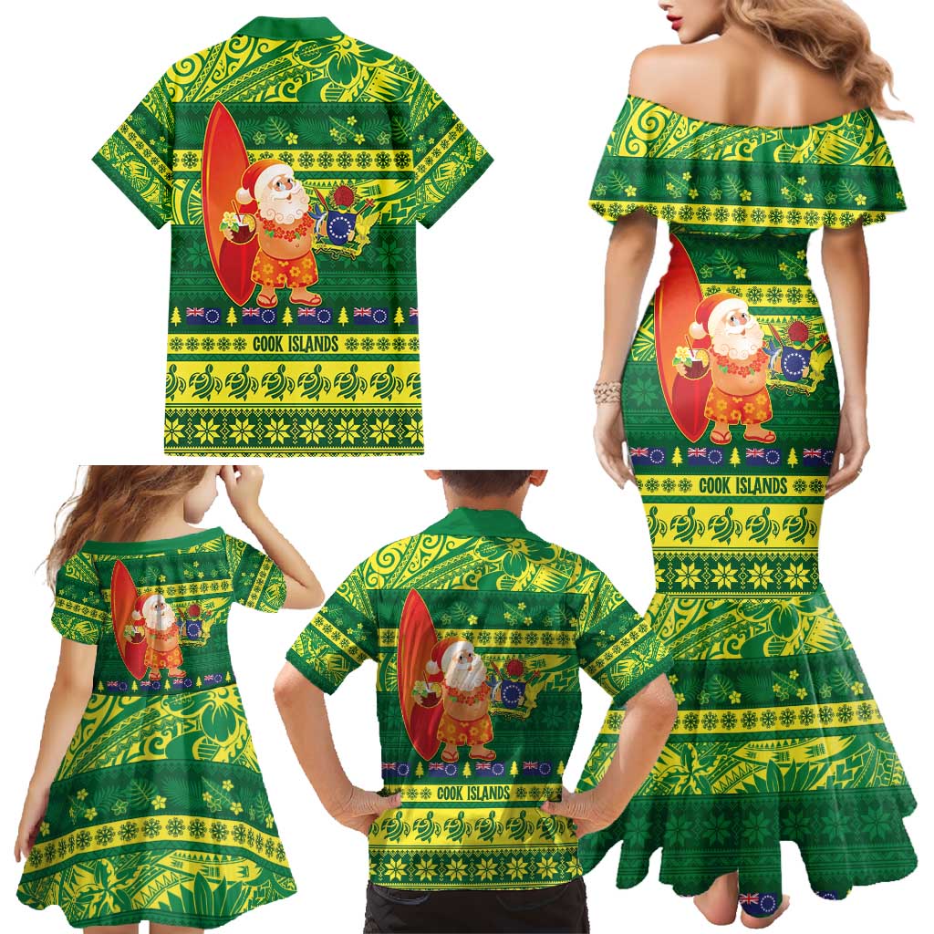 Cook Islands Christmas Family Matching Mermaid Dress and Hawaiian Shirt Surfing Santa Mere Kiritimiti LT14 - Polynesian Pride