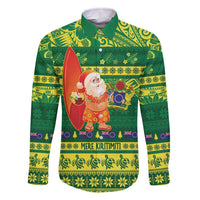 Cook Islands Christmas Family Matching Off The Shoulder Long Sleeve Dress and Hawaiian Shirt Surfing Santa Mere Kiritimiti LT14 Dad's Shirt - Long Sleeve Green - Polynesian Pride
