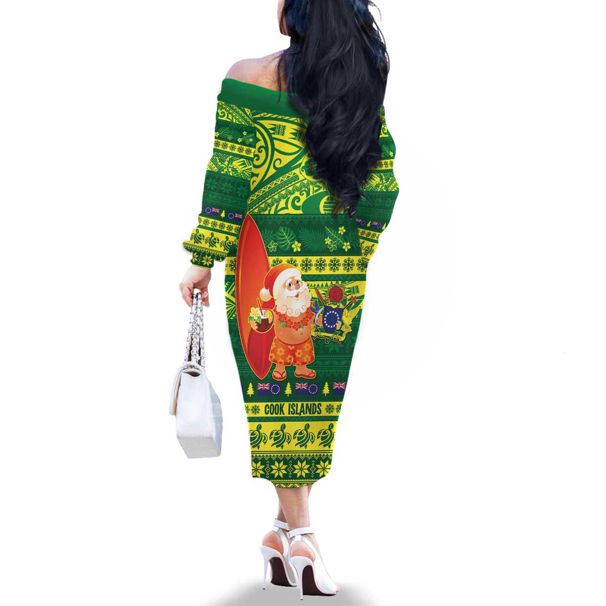 Cook Islands Christmas Family Matching Off The Shoulder Long Sleeve Dress and Hawaiian Shirt Surfing Santa Mere Kiritimiti LT14 - Polynesian Pride