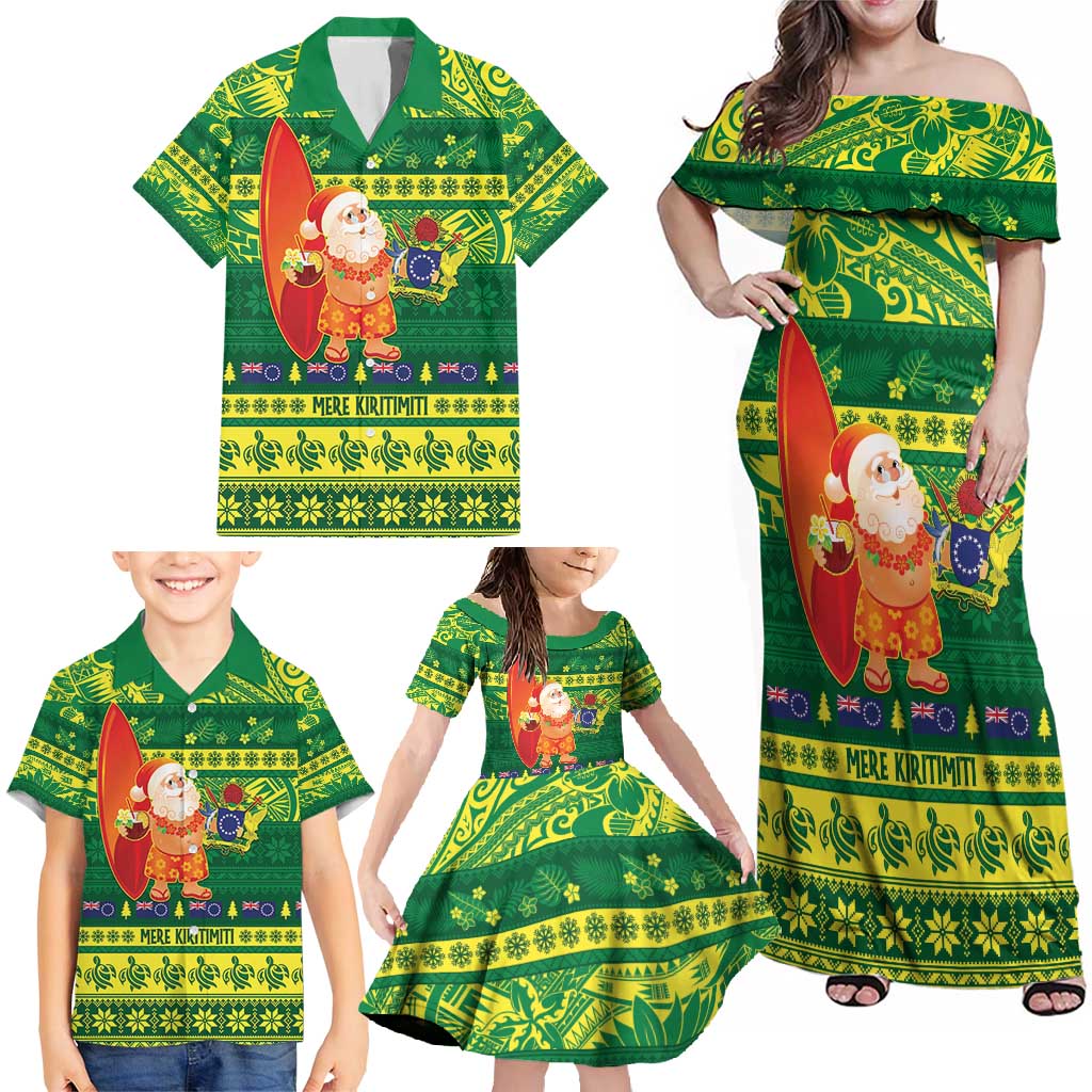 Cook Islands Christmas Family Matching Off Shoulder Maxi Dress and Hawaiian Shirt Surfing Santa Mere Kiritimiti LT14 - Polynesian Pride