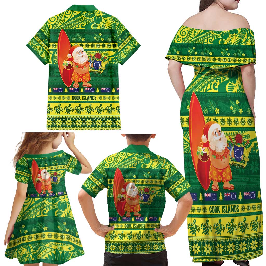 Cook Islands Christmas Family Matching Off Shoulder Maxi Dress and Hawaiian Shirt Surfing Santa Mere Kiritimiti LT14 - Polynesian Pride