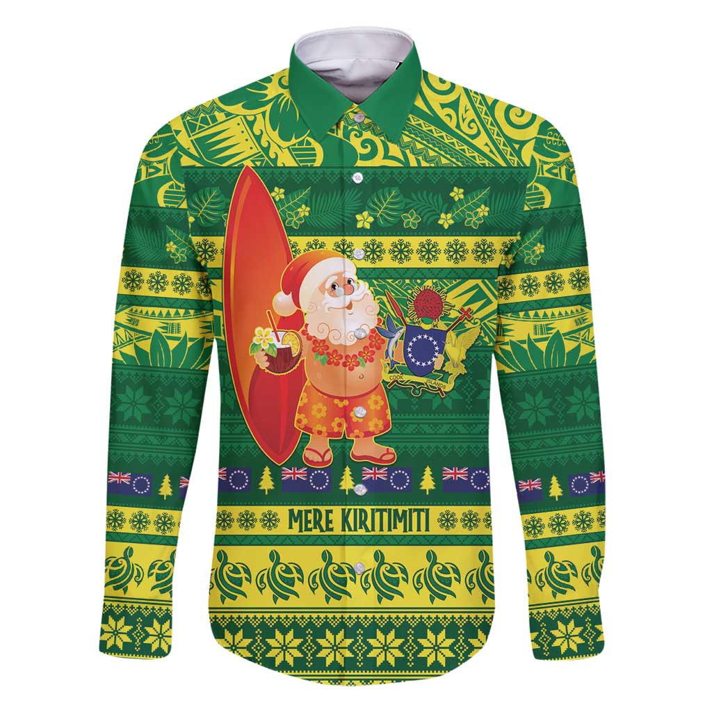 Cook Islands Christmas Family Matching Off Shoulder Maxi Dress and Hawaiian Shirt Surfing Santa Mere Kiritimiti LT14 Dad's Shirt - Long Sleeve Green - Polynesian Pride