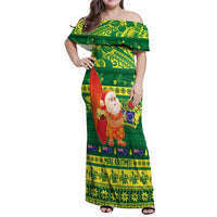 Cook Islands Christmas Family Matching Off Shoulder Maxi Dress and Hawaiian Shirt Surfing Santa Mere Kiritimiti LT14 Mom's Dress Green - Polynesian Pride