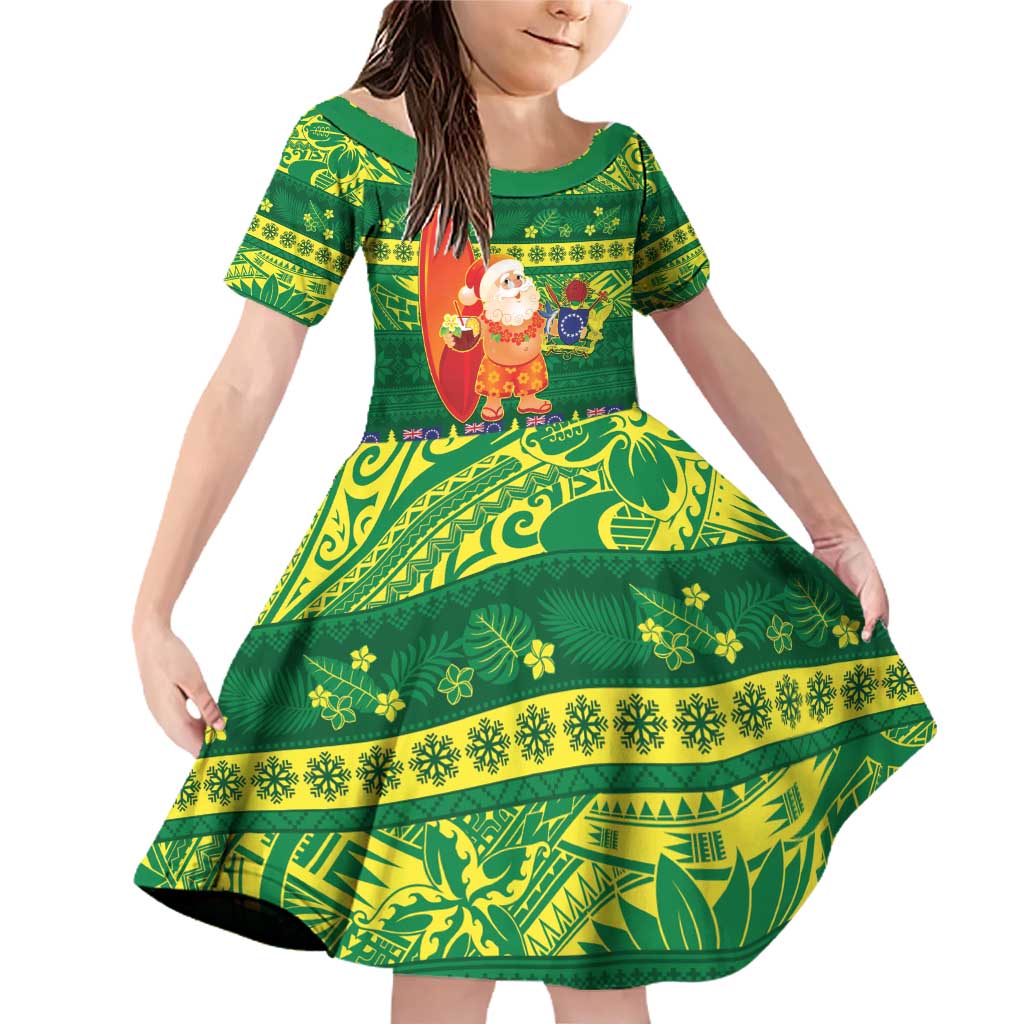 Cook Islands Christmas Family Matching Off Shoulder Short Dress and Hawaiian Shirt Surfing Santa Mere Kiritimiti LT14 Daughter's Dress Green - Polynesian Pride