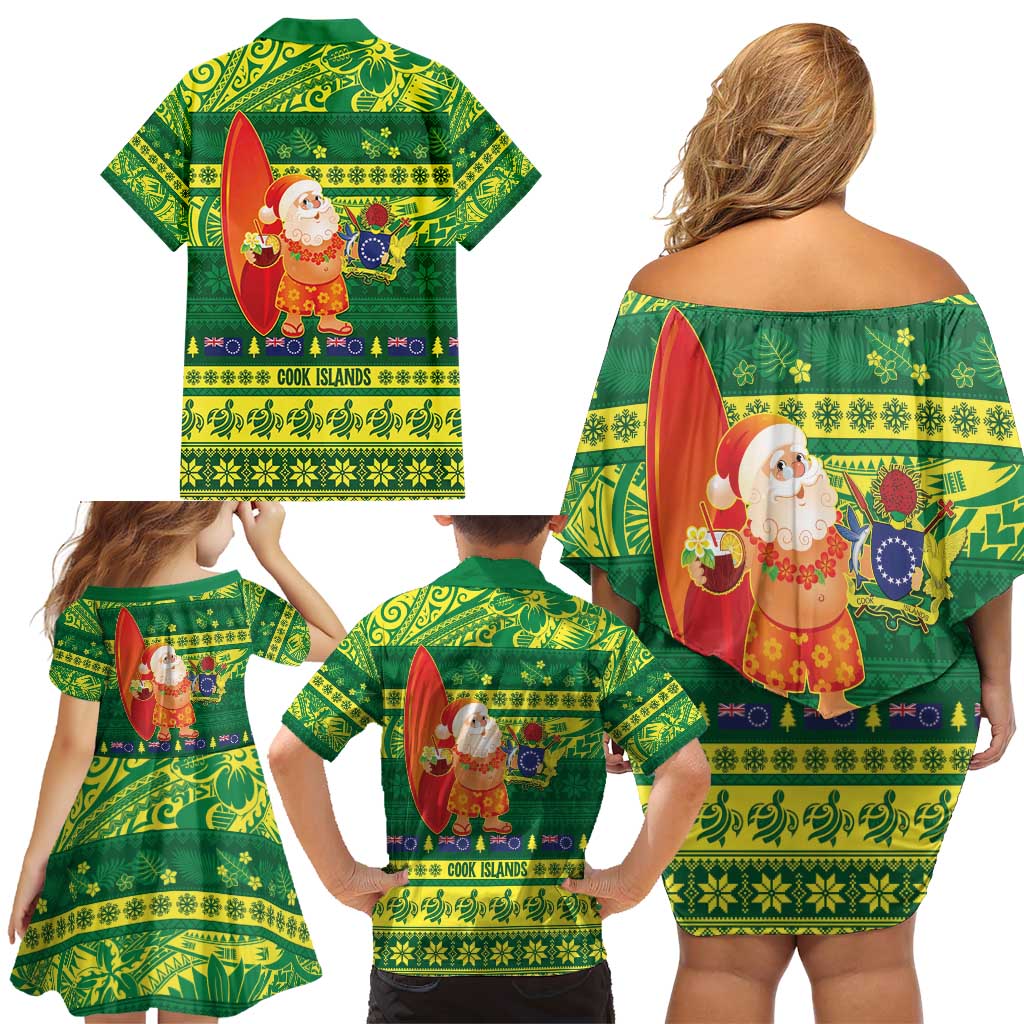 Cook Islands Christmas Family Matching Off Shoulder Short Dress and Hawaiian Shirt Surfing Santa Mere Kiritimiti LT14 - Polynesian Pride