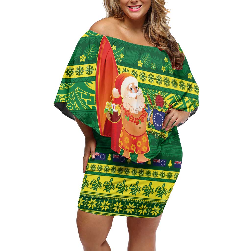 Cook Islands Christmas Family Matching Off Shoulder Short Dress and Hawaiian Shirt Surfing Santa Mere Kiritimiti LT14 Mom's Dress Green - Polynesian Pride