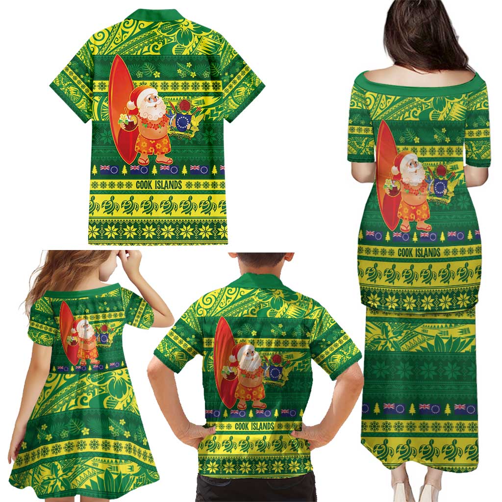Cook Islands Christmas Family Matching Puletasi and Hawaiian Shirt Surfing Santa Mere Kiritimiti LT14 - Polynesian Pride