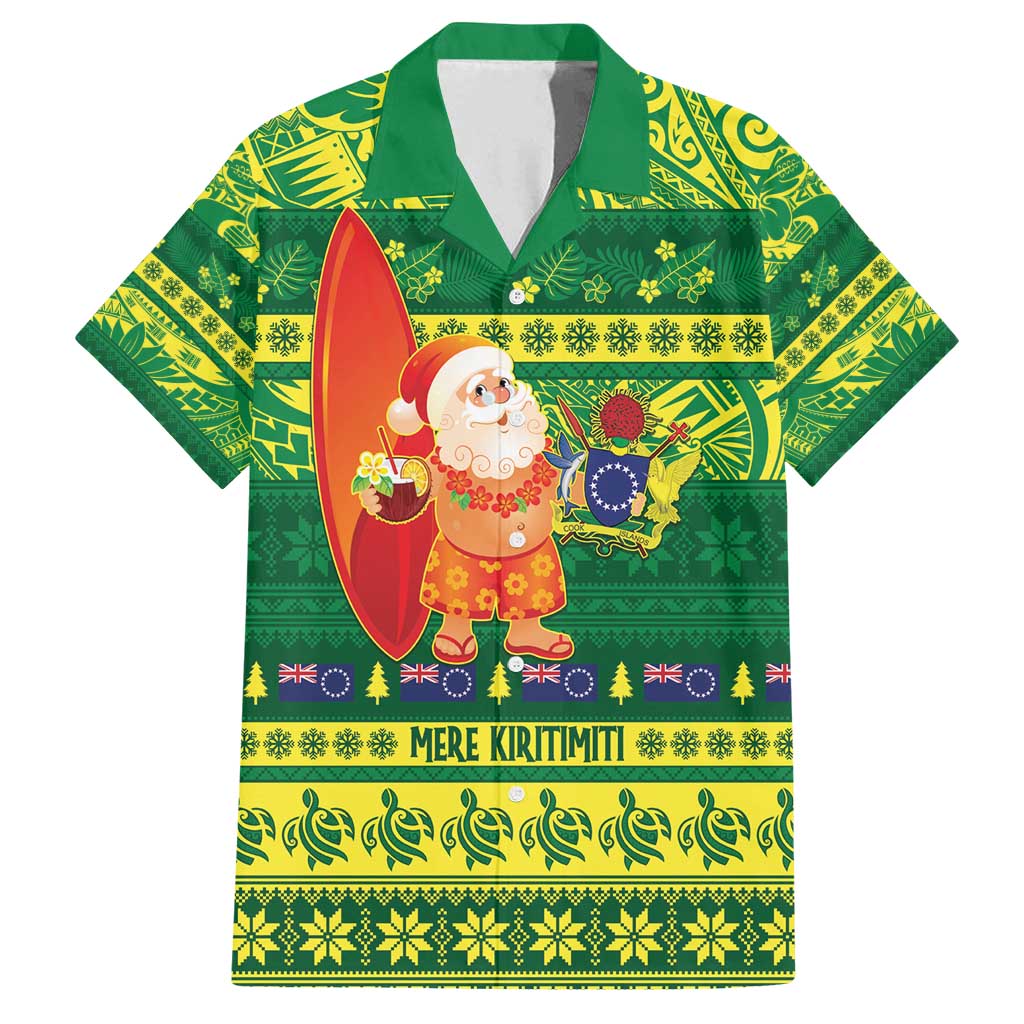 Cook Islands Christmas Family Matching Puletasi and Hawaiian Shirt Surfing Santa Mere Kiritimiti LT14 Dad's Shirt - Short Sleeve Green - Polynesian Pride