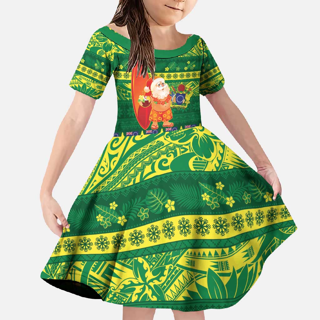 Cook Islands Christmas Family Matching Short Sleeve Bodycon Dress and Hawaiian Shirt Surfing Santa Mere Kiritimiti LT14 Daughter's Dress Green - Polynesian Pride