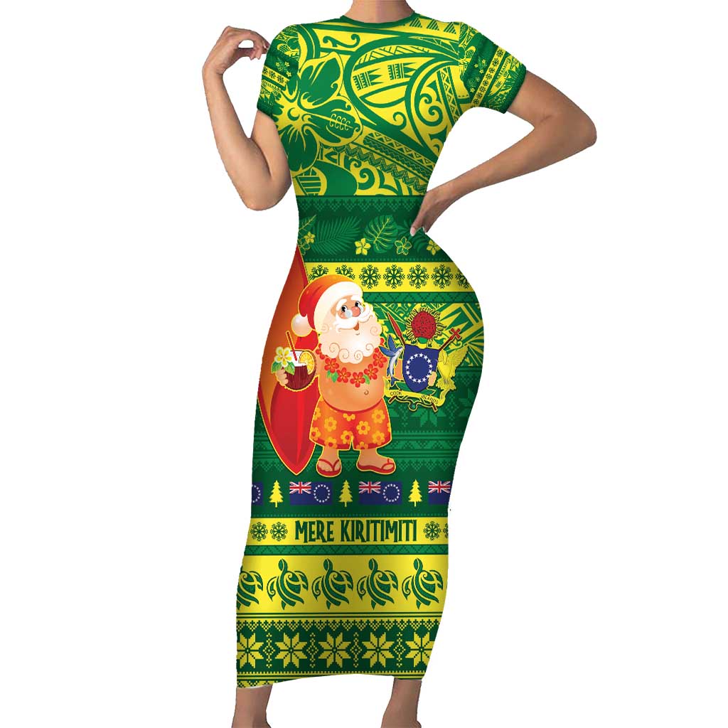 Cook Islands Christmas Family Matching Short Sleeve Bodycon Dress and Hawaiian Shirt Surfing Santa Mere Kiritimiti LT14 Mom's Dress Green - Polynesian Pride