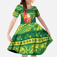 Cook Islands Christmas Family Matching Summer Maxi Dress and Hawaiian Shirt Surfing Santa Mere Kiritimiti LT14 Daughter's Dress Green - Polynesian Pride