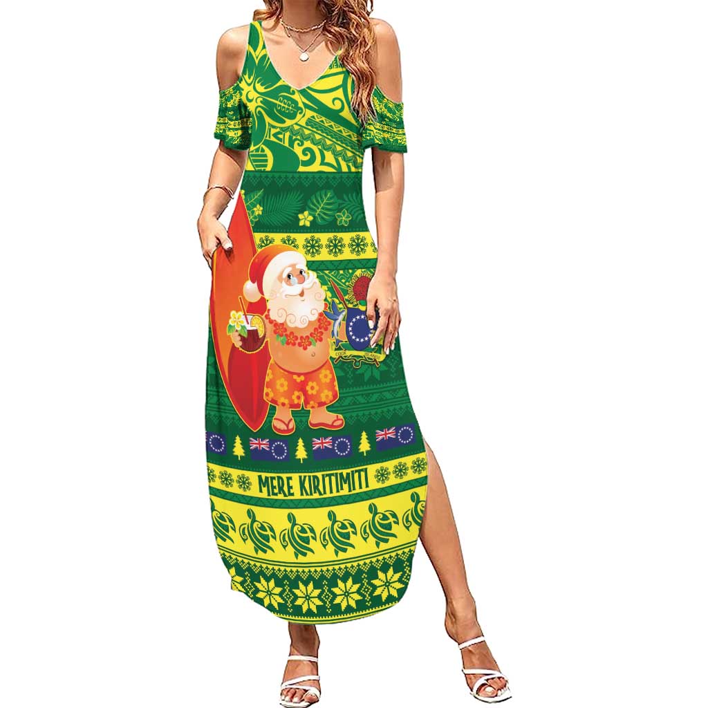 Cook Islands Christmas Family Matching Summer Maxi Dress and Hawaiian Shirt Surfing Santa Mere Kiritimiti LT14 Mom's Dress Green - Polynesian Pride
