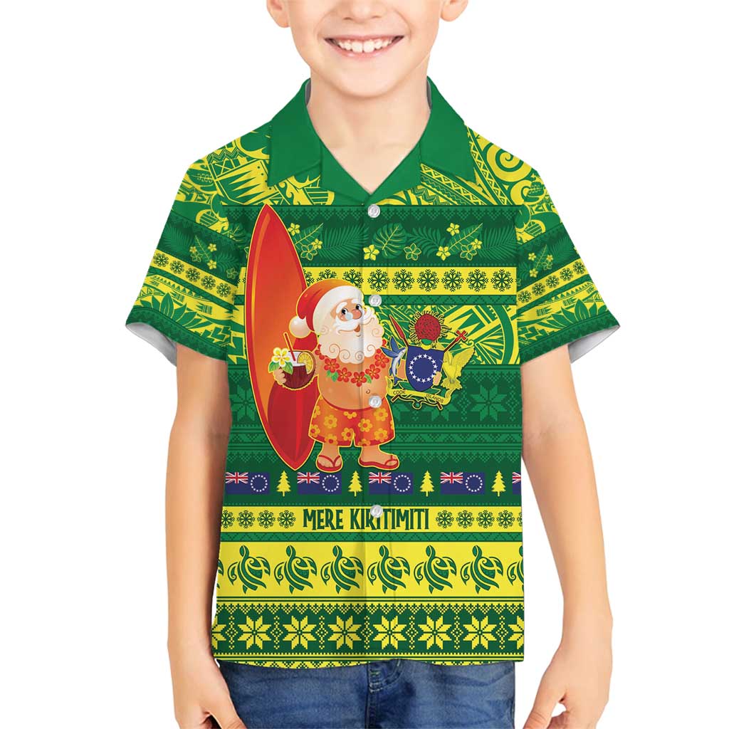 Cook Islands Christmas Family Matching Tank Maxi Dress and Hawaiian Shirt Surfing Santa Mere Kiritimiti LT14 Son's Shirt Green - Polynesian Pride