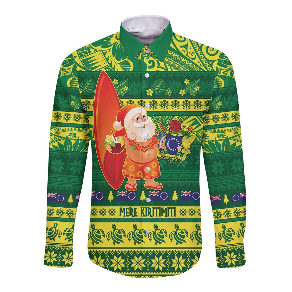 Cook Islands Christmas Long Sleeve Button Shirt Surfing Santa Mere Kiritimiti - Polynesian Pride