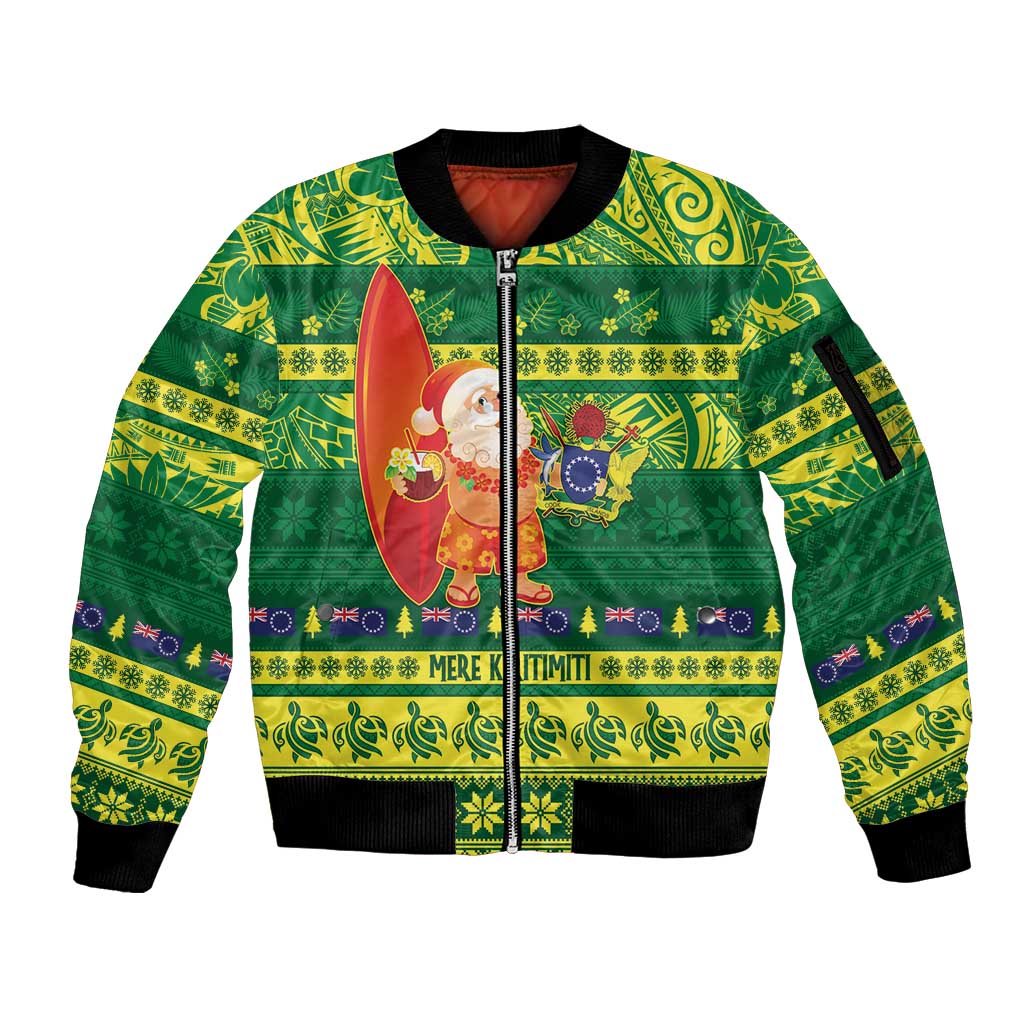 Cook Islands Christmas Sleeve Zip Bomber Jacket Surfing Santa Mere Kiritimiti - Polynesian Pride