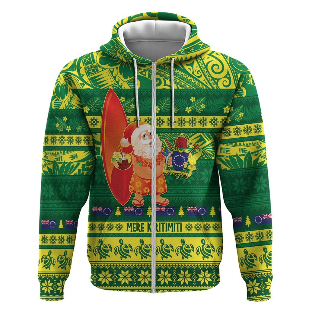 Cook Islands Christmas Zip Hoodie Surfing Santa Mere Kiritimiti - Polynesian Pride