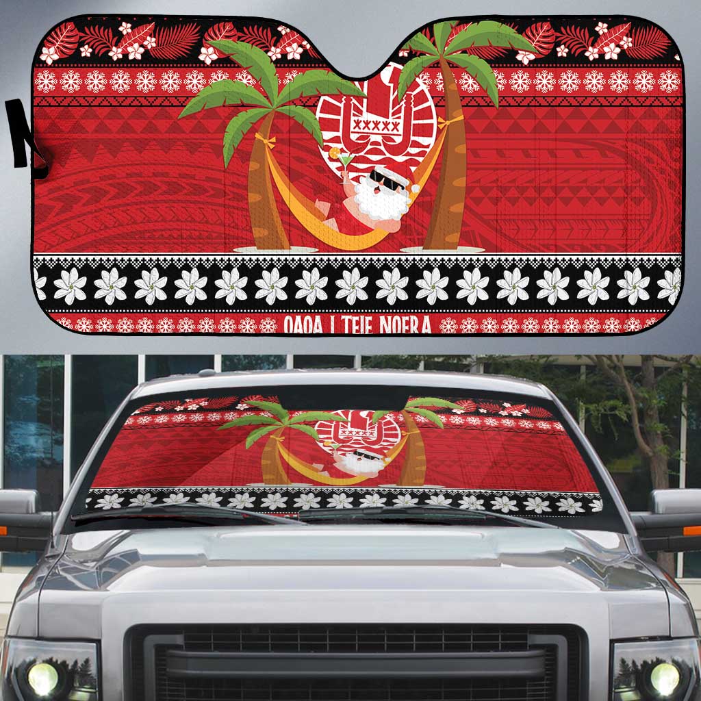 French Polynesia Christmas Auto Sun Shade Tiare Chilling Santa Oaoa I teie Noera LT14 Red - Polynesian Pride