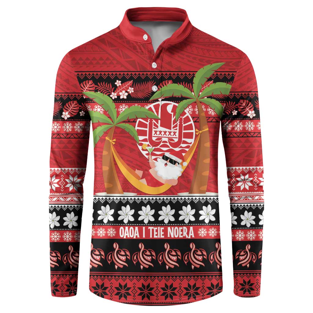 French Polynesia Christmas Button Sweatshirt Tiare Chilling Santa Oaoa I teie Noera - Polynesian Pride