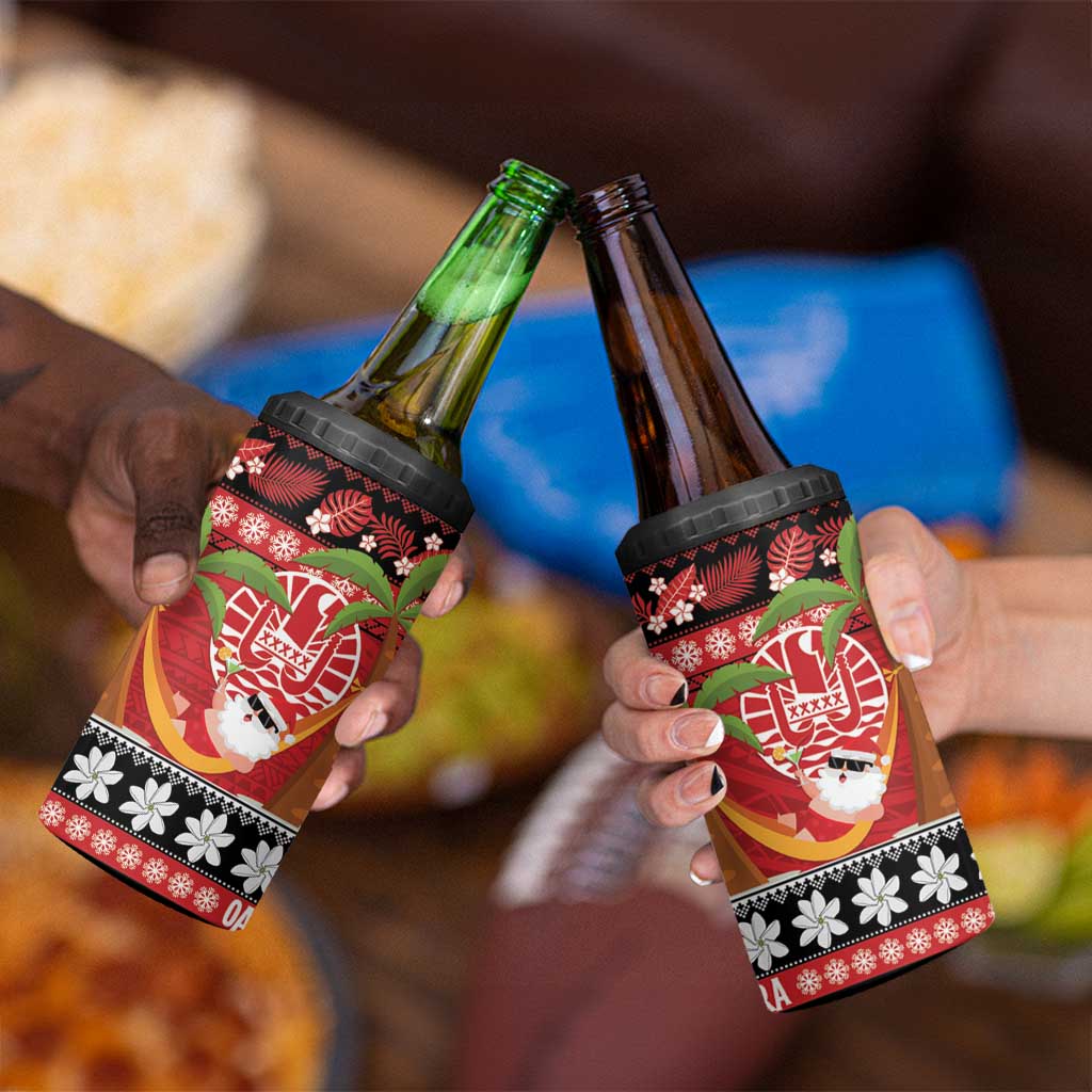 French Polynesia Christmas 4 in 1 Can Cooler Tumbler Tiare Chilling Santa Oaoa I teie Noera - Polynesian Pride