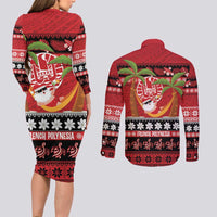 French Polynesia Christmas Couples Matching Long Sleeve Bodycon Dress and Long Sleeve Button Shirt Tiare Chilling Santa Oaoa I teie Noera LT14 - Polynesian Pride