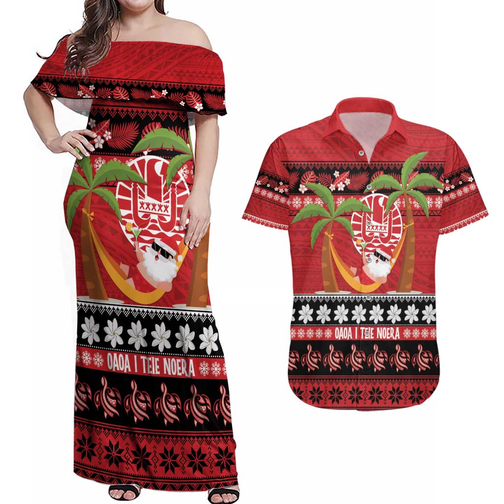 French Polynesia Christmas Couples Matching Off Shoulder Maxi Dress and Hawaiian Shirt Tiare Chilling Santa Oaoa I teie Noera LT14 Red - Polynesian Pride