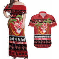 French Polynesia Christmas Couples Matching Off Shoulder Maxi Dress and Hawaiian Shirt Tiare Chilling Santa Oaoa I teie Noera LT14 Red - Polynesian Pride